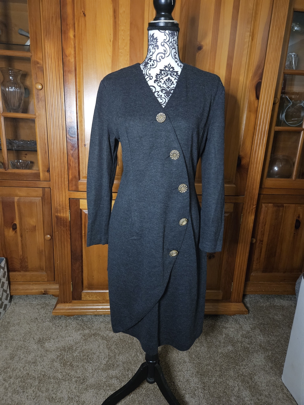 90s Vintage Positive Attitude Charcoal Gray Statement Button Wrap Midi Dress